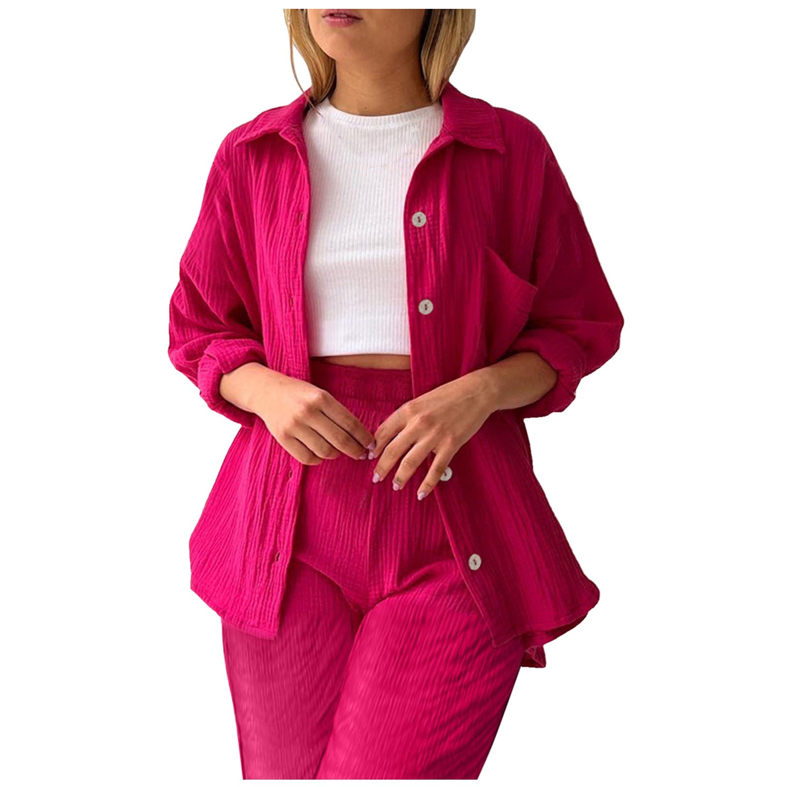 Conjunto de 2 piezas para mujer: pantalones anchos y blusa con cuello en V - Ropa informal con cintura elástica - Poliéster, S-XL